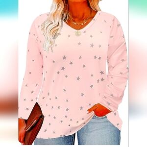 5X pink with stars long sleeve top with v- neck lightweight.
